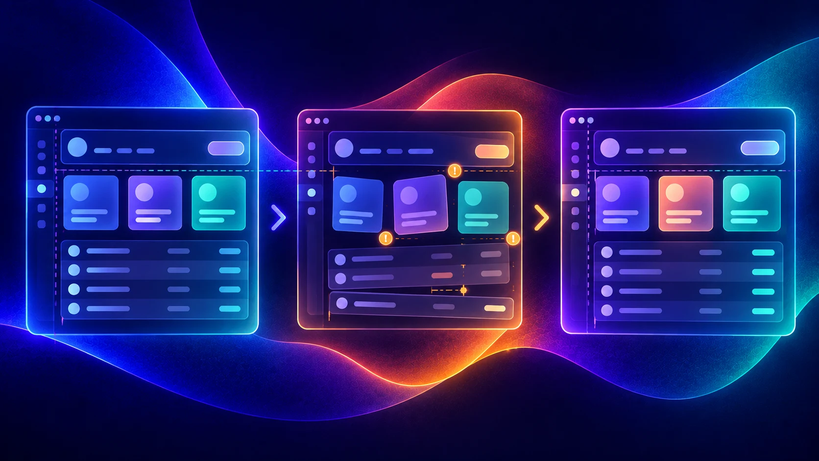 Three glowing interface screens connected by colorful light trails